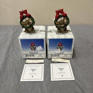 (2) Holiday Wreath Charming Tails Mouse Christmas Ornament Fitz and Floyd 2001